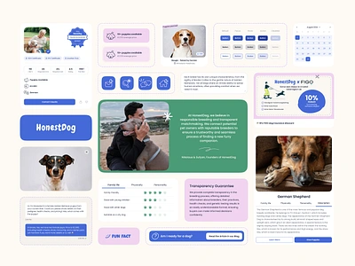 UI Elements for Dog Adoption Platform bento branding breed design designsystem dogs elements friendly german handdrawn kit pink puppy search soft ui uikit ux veterinary website