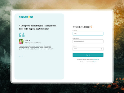 Recurpost - Sign Up page clean dashboard design figma login minimal recurpost sign up page signup with testimonial social media social media product ui ux webapp website welcome screen