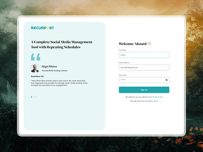 Recurpost - Sign Up page clean dashboard design figma login minimal recurpost sign up page signup with testimonial social media social media product ui ux webapp website welcome screen