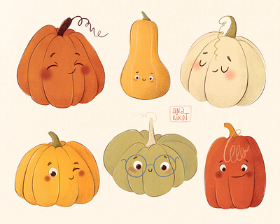 Cutie Pumpkins autumn autumn pumpkins character character design clipart cute fall fun graphic design halloween hand drawn illustration kids mascot orange print pumpkin pumpkins whimsical yellow