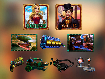 Set of symbols animation for the Steampunk themed casino slot animation digital art gambling game art game design graphic design motion graphics slot animation slot art slot design steampunk steampunk game steampunk slot steampunk symbols steampunk themed