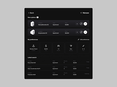 Real Estate Modal 1 room apartment black dark gray background icons isometric lines location minimal shadows ui ui ux voit team warsaw white