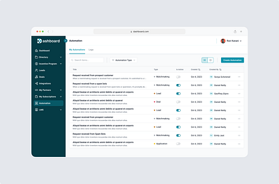 Automation | PRM Dashboard Listing admin panel automation dashboard design internal web app listing product design saas ui