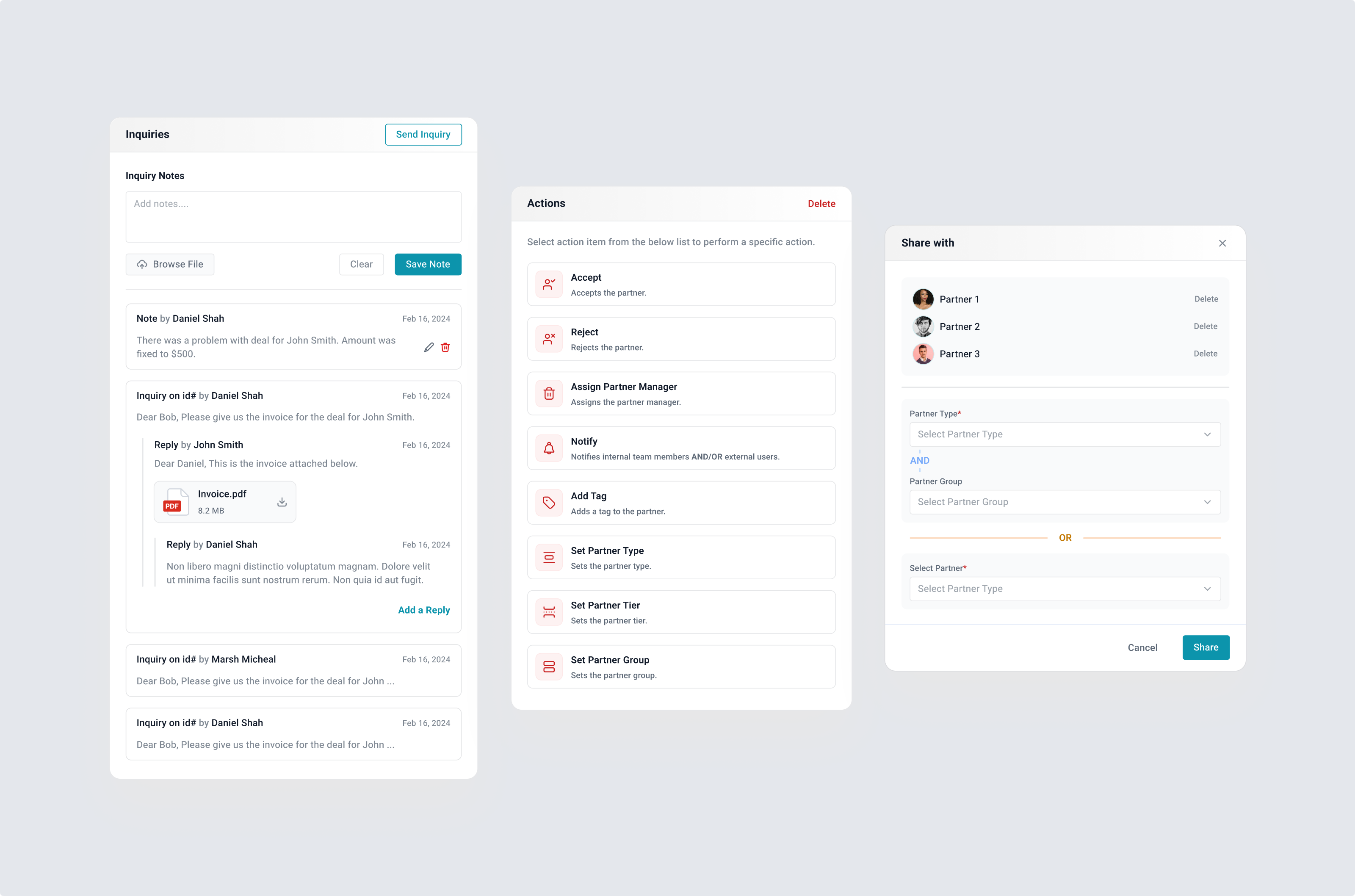 Inquiry | Action | Share Popup UI action popup admin panel components dashboard design inquiry internal web app popup popup ui product design saas share ui