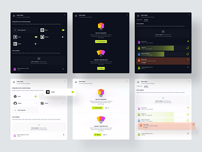 User Input Modals clean component dark design integration interface minimal modal platform popup product progress bar saas software storage ui upload file ux web app