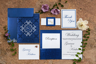 Cobalt Blue Shimmery Screen Printed Wedding Card indianweddingcards