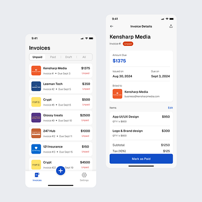 Simple Invoice app UI 🏷️✨ app designer billing figma invoice app invoice mobile app invoicing app mobile app design product designer ui design uiux uiux design