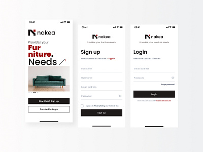 Nakea - Furniture E-commerce Platform Exploration android bold branding card clean creative design figma furniture iphone login mobile app project sign up space swiss design typography ui ux web