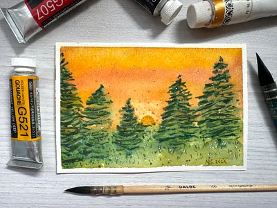 Idyllique - Idyllic ✨ - L'alphabet de mon jardin 2024 art contemplation cute garden golden gouache green idyllic idyllique illustration magical natasha gonzalez peace pines poetic slow living sunrise sunset traditional illustrator yellow