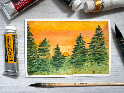 Idyllique - Idyllic ✨ - L'alphabet de mon jardin 2024 art contemplation cute garden golden gouache green idyllic idyllique illustration magical natasha gonzalez peace pines poetic slow living sunrise sunset traditional illustrator yellow