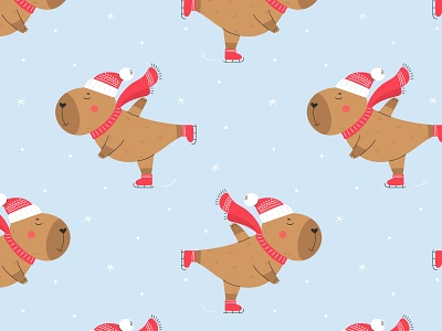 Seamless vector pattern with ice skating capybara branding capybara design graphic design ice skating illustration pattern print seamless pattern sport textile vector winter winter activity winter sport wrapping paper