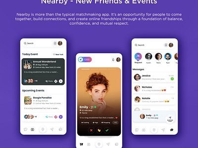 The app "Nearby - New Friends & Events" designed by Ansysoft adobeillustrator adobephotoshop adventurous experiences figma friendship mobiile app relationships stigma traveling