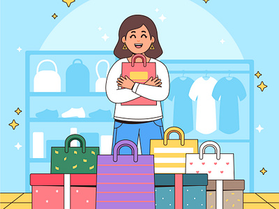 Happy shopping box cartoon character colorful cute design girl graphic design happy illustration people shop shopping smile women