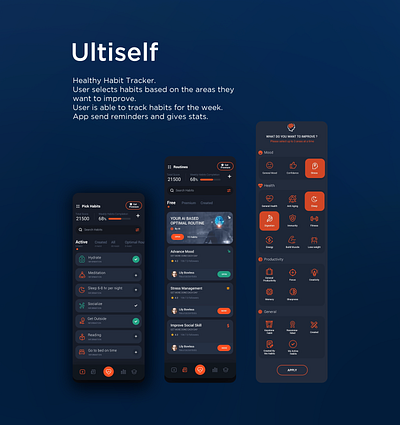 The app named "Ultiself" designed by Ansysoft. adobe illustrator adobe photoshop figma habits mobile app personal improvement progress receive reminders statistics track week