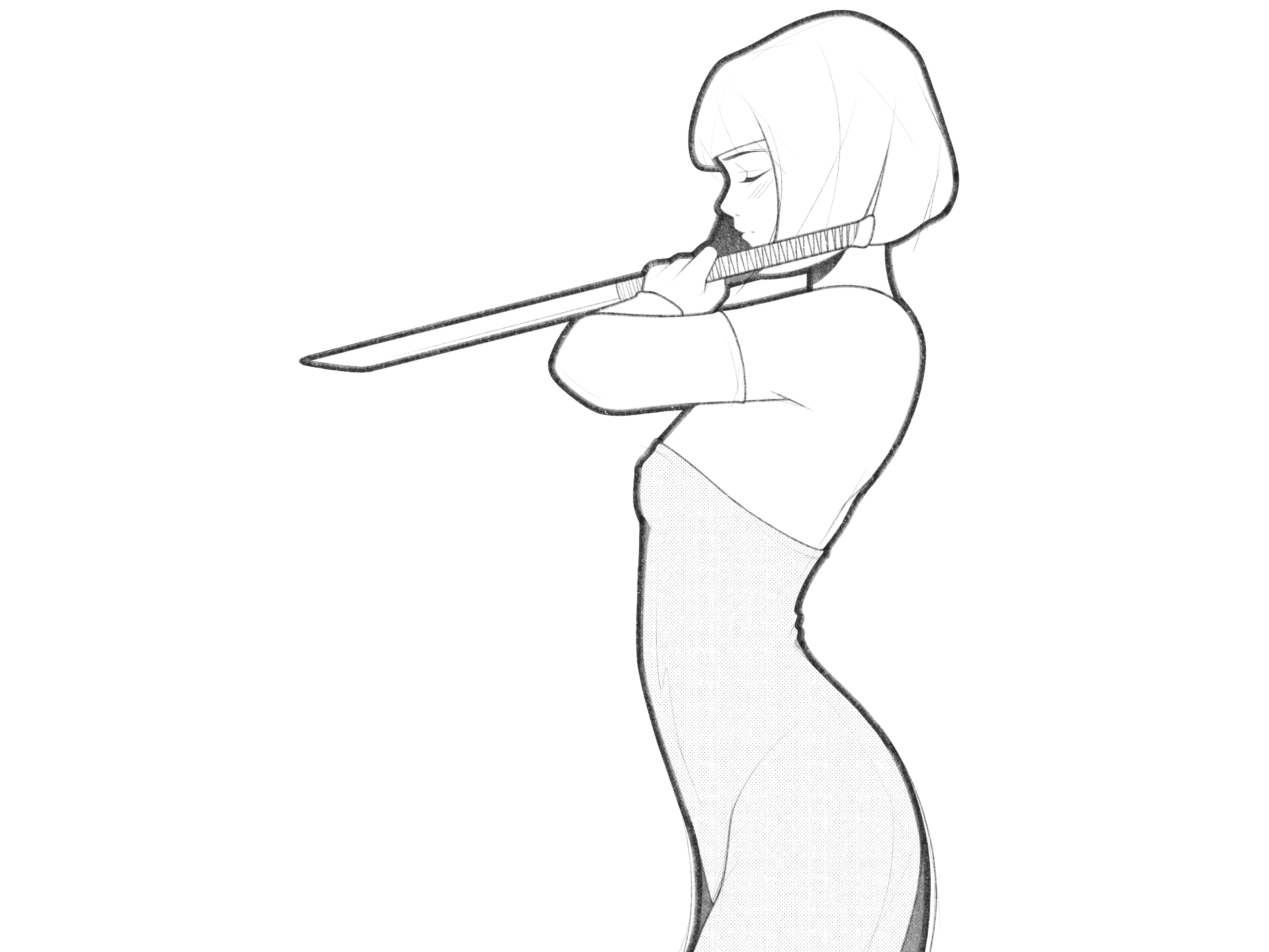 warrior black and white body cartoon comic details drawing fantasy girl halftone illustration line minimal monochrome pencil procreate simple sword warrior