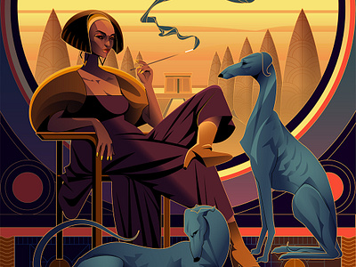 The Guardians adobe afroinspired artdeco character dog geometric gradients hound illustration illustrator lines linework moody muti purples smoke stylised sunset vector