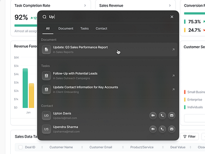 Quick Search/ Global Search - CRM Dashboard clean cmd k command bar command k dashboard design global search micro interaction minimalist modal popup product design quick find quick search search search bar search popup ui ux web app