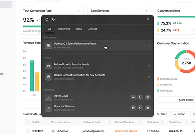 Quick Search/ Global Search - CRM Dashboard clean cmd k command bar command k dashboard design global search micro interaction minimalist modal popup product design quick find quick search search search bar search popup ui ux web app