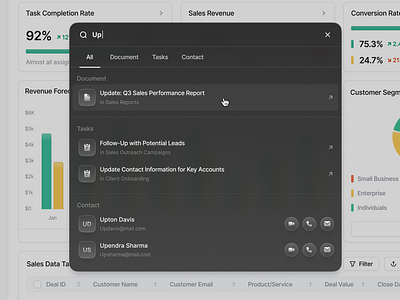 Quick Search/ Global Search - CRM Dashboard clean cmd k command bar command k dashboard design global search micro interaction minimalist modal popup product design quick find quick search search search bar search popup ui ux web app