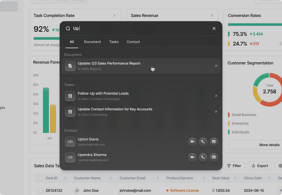 Quick Search/ Global Search - CRM Dashboard clean cmd k command bar command k dashboard design global search micro interaction minimalist modal popup product design quick find quick search search search bar search popup ui ux web app