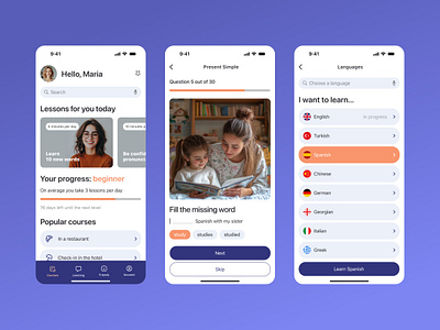 UX/UI design for a language learning application app design design english english school language app language school mobie app mobile application school app user expirience uxui дизайн приложения заказать приложение мобильное приложение приложение школы разработка приложений школа английского языковая школа