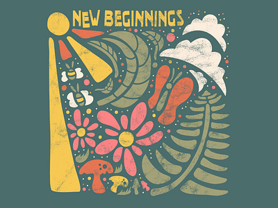 New Beginnings Merch Design for Menottees apparel bee butterfly design distressed fall faunta fern cloud flora flower illustration leaf logo merch mushroom retro summer sun tee shirt vintage