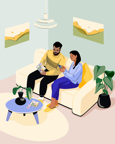 Home Office - visa application character design graphic home illustration livingroom man passport pastel people sofa ui vector visa woman