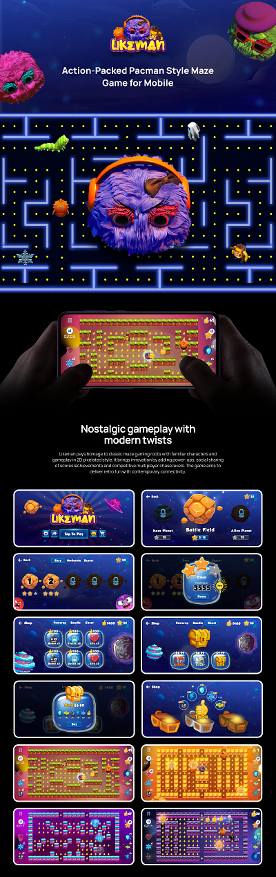 Likeman: Action-Packed Pacman Style Maze Game for Mobile arcade action dynamic gameplay endless runner fast paced game game design ghost chase graphic design level challenges maze adventure maze runner mobile game mobile gaming pacman inspired power ups puzzle adventure retro gaming retro revival ui