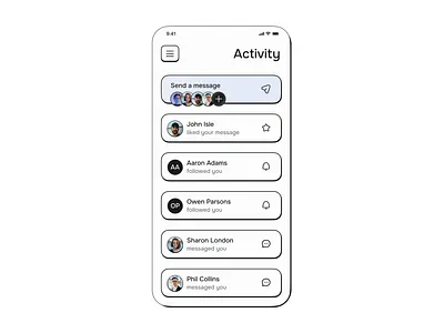 Activity Page activity app border branding design figma follow graphic design icon illustration like logo menu message ui ux