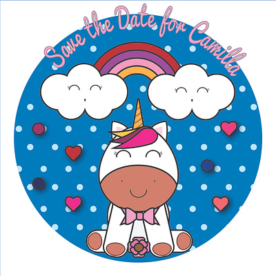 Save the date for Camilla baby card cloud decoration newborn card rainbow unicorn vector design