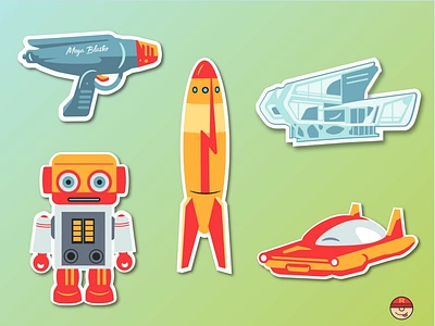 Retro Sci-Fi Stickers flying car future laser pistol ray gun robot rocket sci fi space sticker vintage