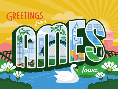 Greetings from Ames, Iowa ames campenile illustration iowa postcard retro swan teture town vector water tower