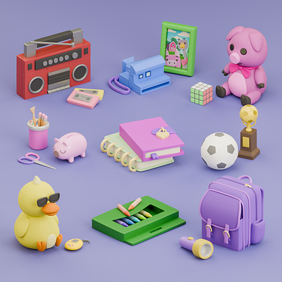 Props from "Unpacking in 3D" art 3d 3dart 3dbook 3dduck 3dmodel 3dmodeler 3dmodels 3dpig 3dprops book camera cute3d cuteart duck isometric pencil pig props radio unpacking