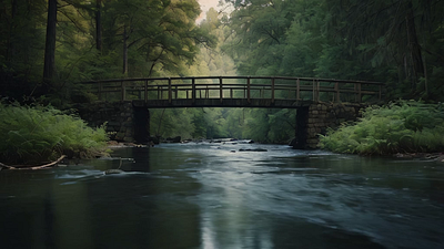 Deserted Bridge Over a Quiet River reflection