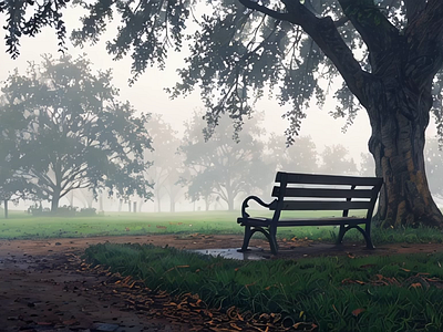 Empty Park Bench in a Misty Morning people