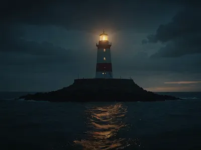 A Lighthouse Beacon Sweeping Across a Dark Sea rocks