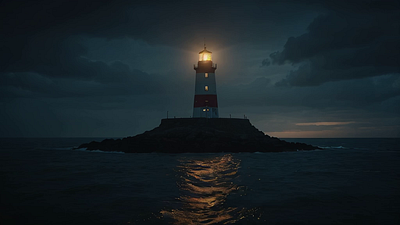 A Lighthouse Beacon Sweeping Across a Dark Sea rocks