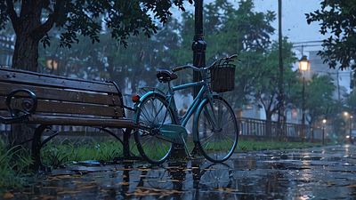 Lonely Bicycle in a Rainy Park retro