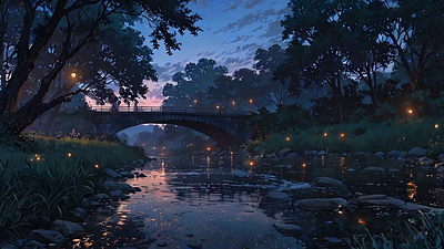 Quiet Riverbank with Fireflies morning