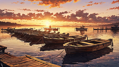 Wooden Dock with Bobbing Boats at Sunset fishing