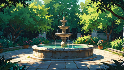 Serene Garden with Flowing Fountain animation landmark