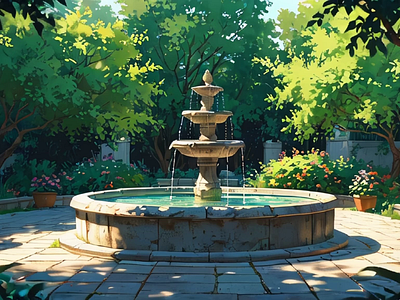 Serene Garden with Flowing Fountain animation landmark