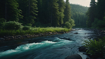 Serene River Flowing Gently Through a Lush Forest wilderness