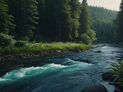 Serene River Flowing Gently Through a Lush Forest wilderness