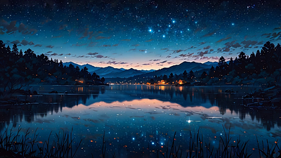 Starry Sky over a Calm Lake tree