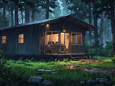 Peaceful forest with a small, cozy cabin nestled among the trees landscape