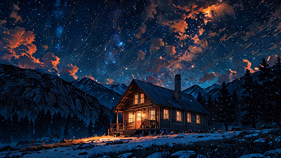 Quiet Cabin in the Mountains at Night moon