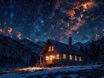 Quiet Cabin in the Mountains at Night moon