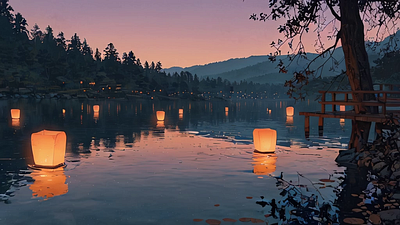 Floating Tea Lanterns on a Still Lake trees