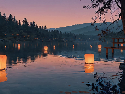 Floating Tea Lanterns on a Still Lake trees